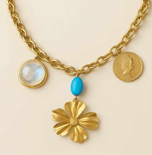 1 of 1 Flower Moon Beam Gold and Turquoise Statement Necklace -