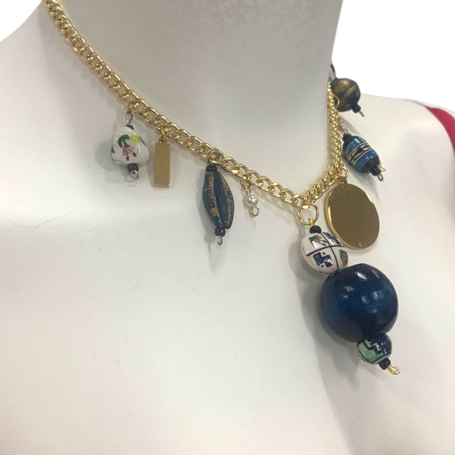 1 of 1 Navy White and Gold Charm Statement Necklace-Necklace