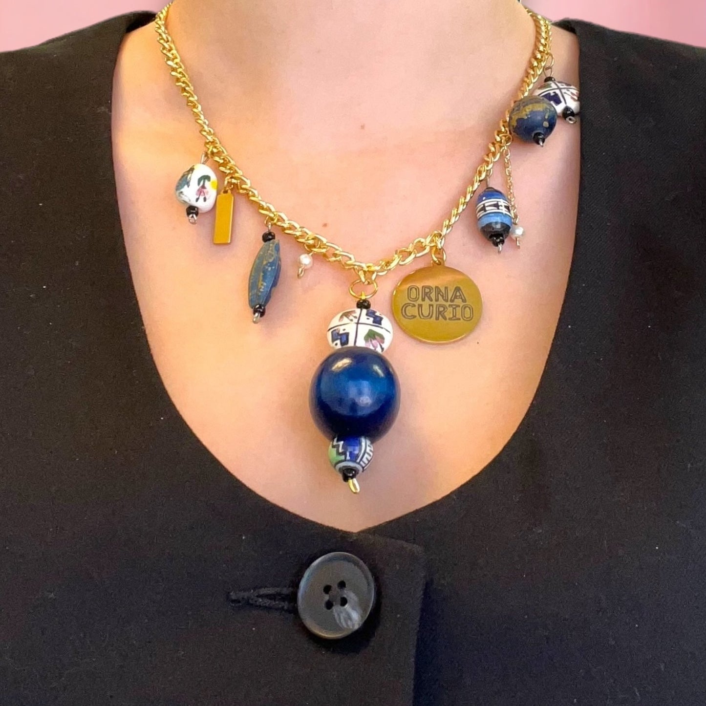 1 of 1 Navy White and Gold Charm Statement Necklace-Necklace