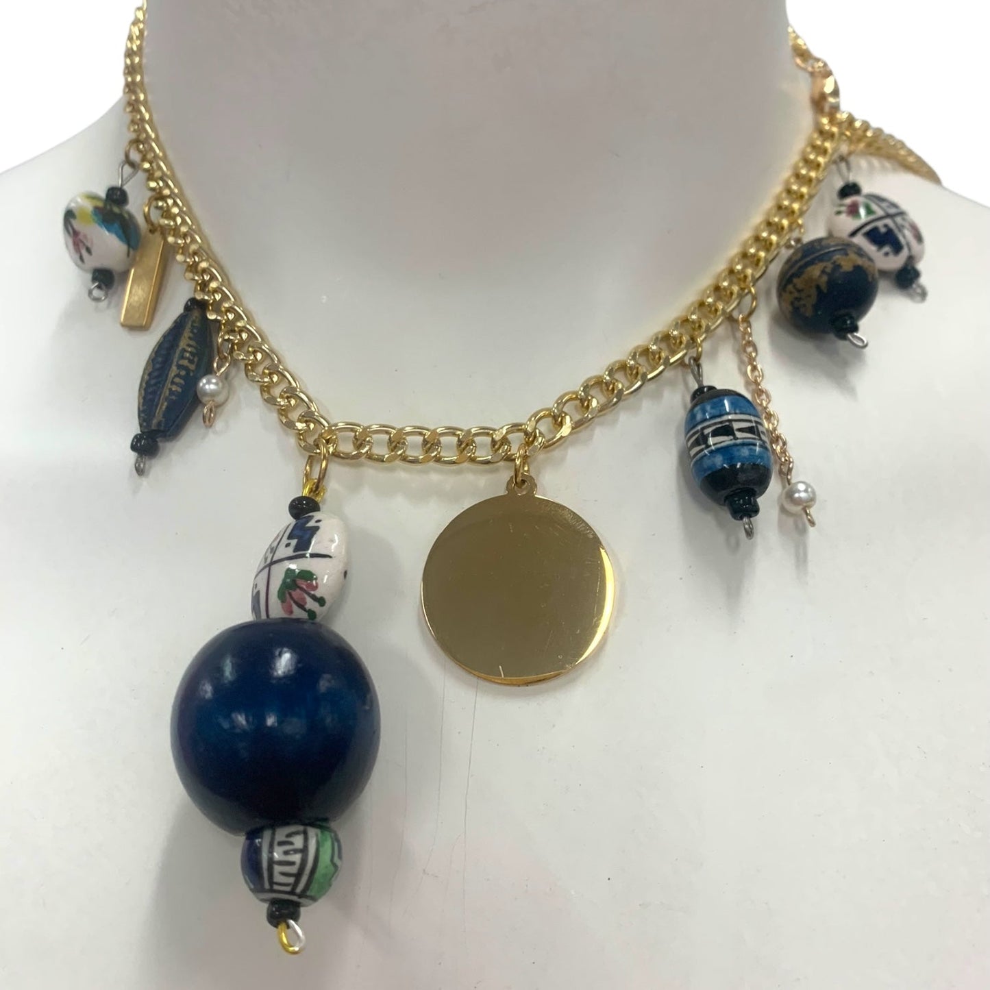 1 of 1 Navy White and Gold Charm Statement Necklace-Necklace