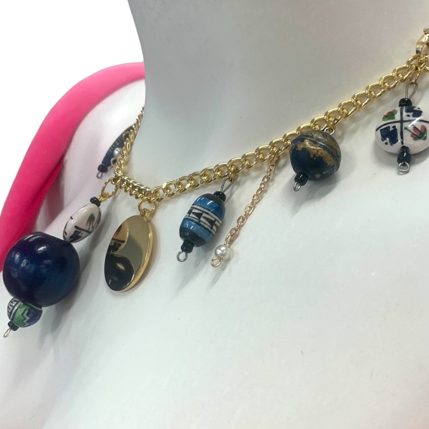 1 of 1 Navy White and Gold Charm Statement Necklace-Necklace