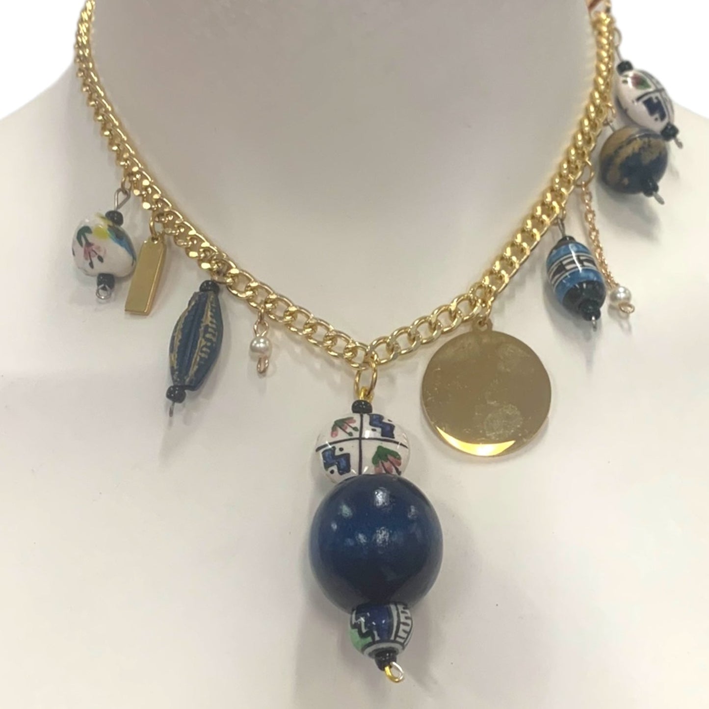 1 of 1 Navy White and Gold Charm Statement Necklace-Necklace