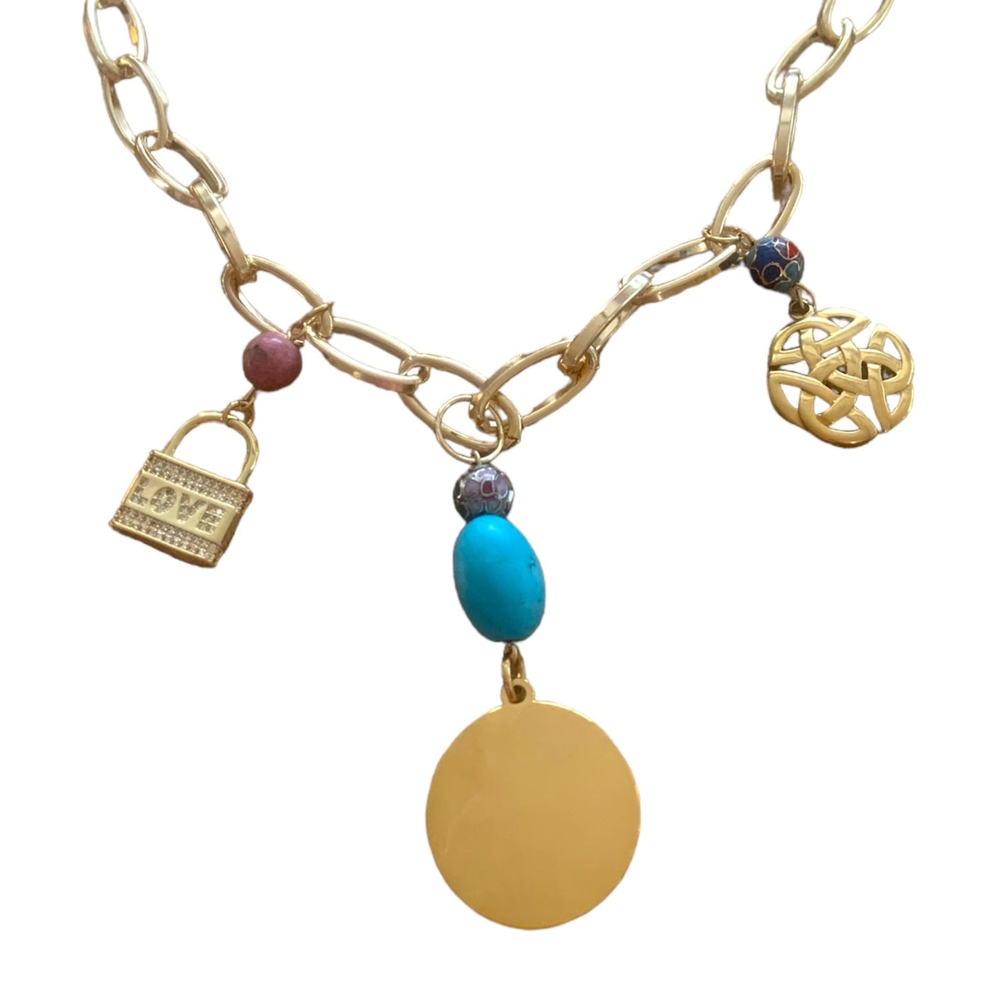 1 of 1 Turquoise and Gold Love Charm Statement Necklace-Necklace