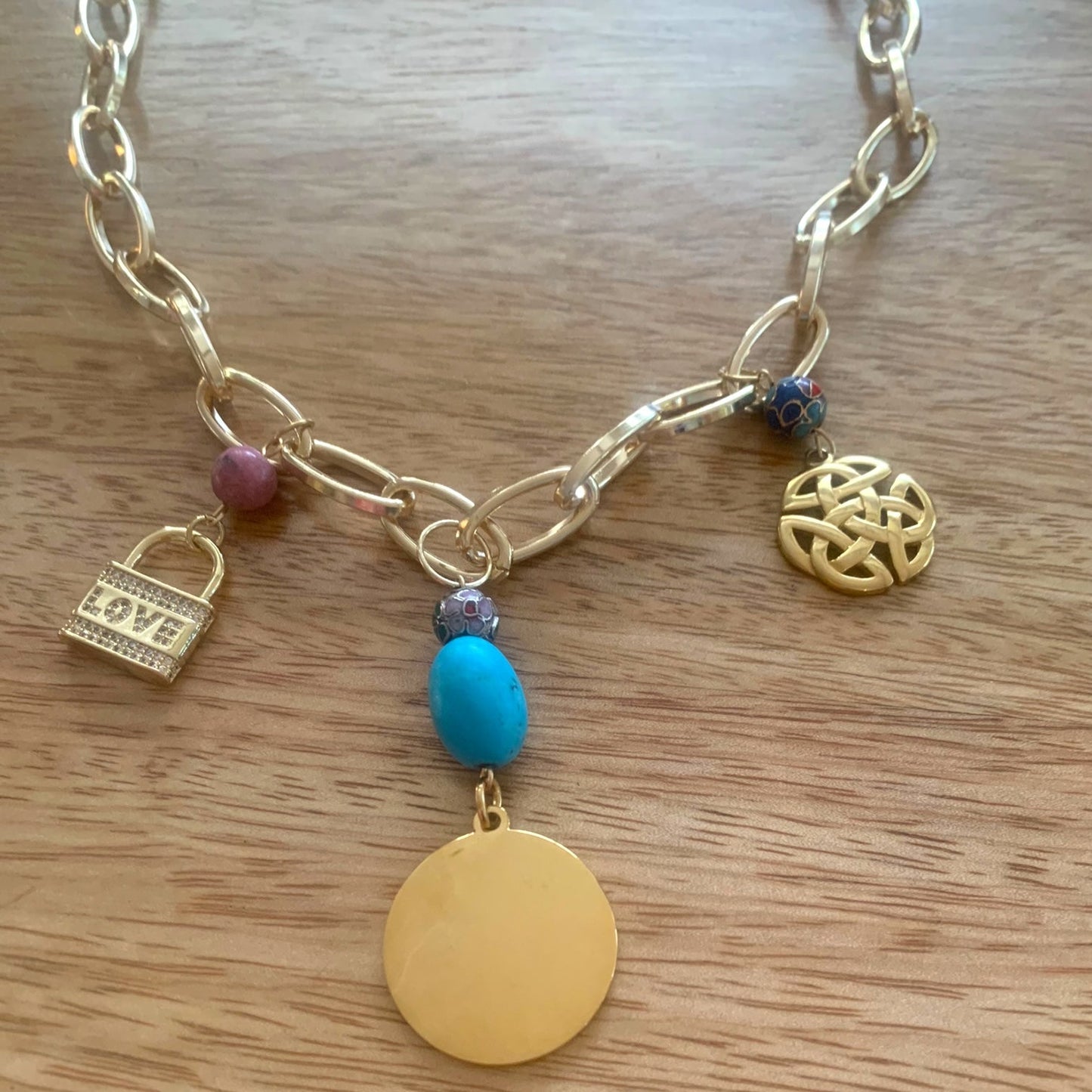 1 of 1 Turquoise and Gold Love Charm Statement Necklace-Necklace