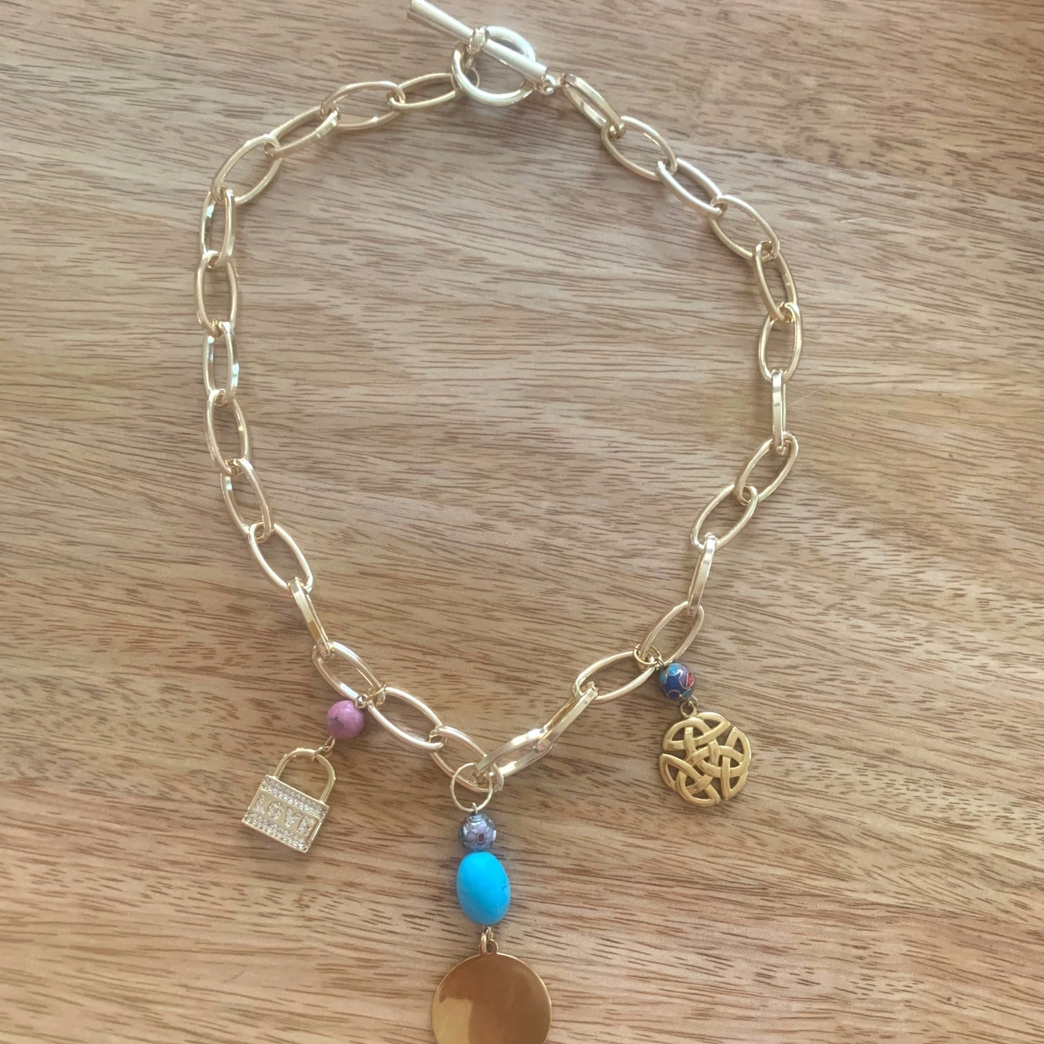 1 of 1 Turquoise and Gold Love Charm Statement Necklace-Necklace