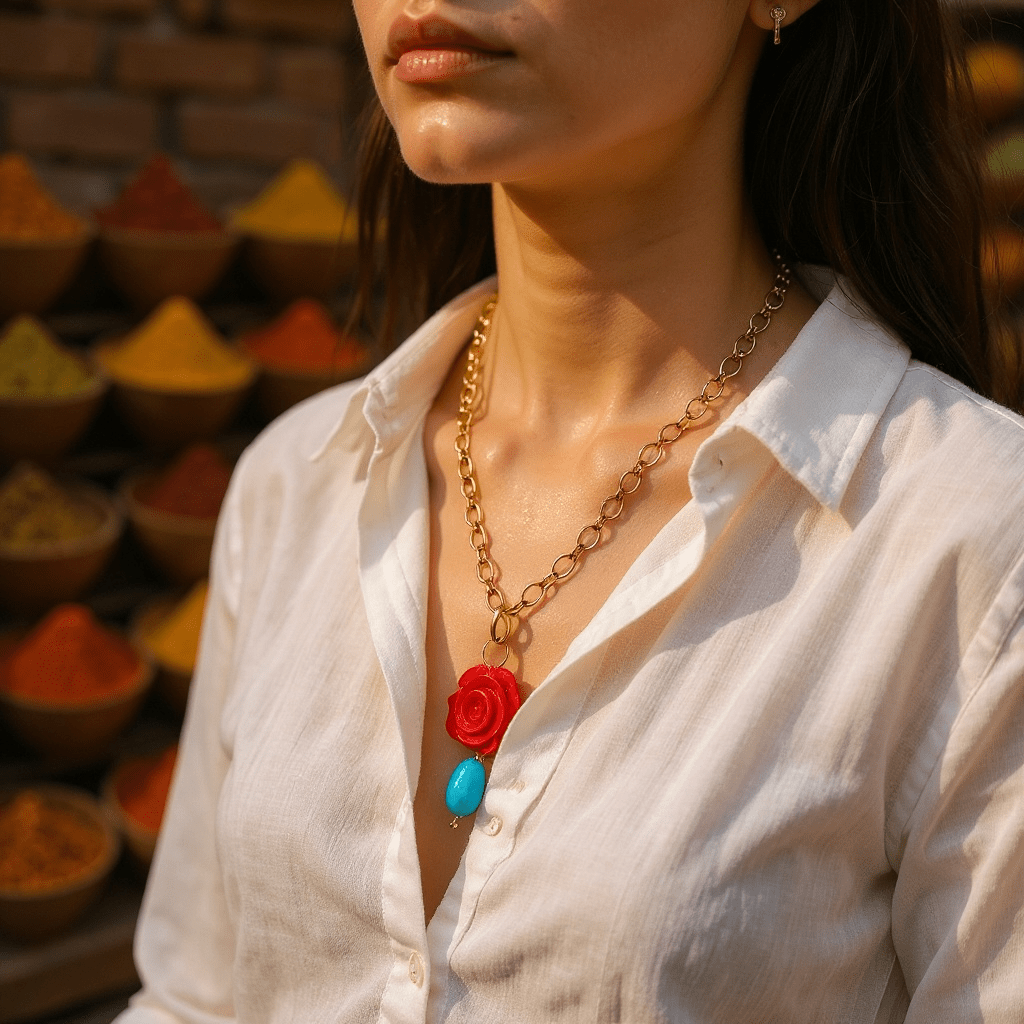 1 of 1 Vintage Rose and Turquoise Bespoke Statement Necklace -
