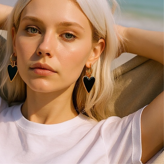 Heart of Glass Black and Gold Heart Earrings