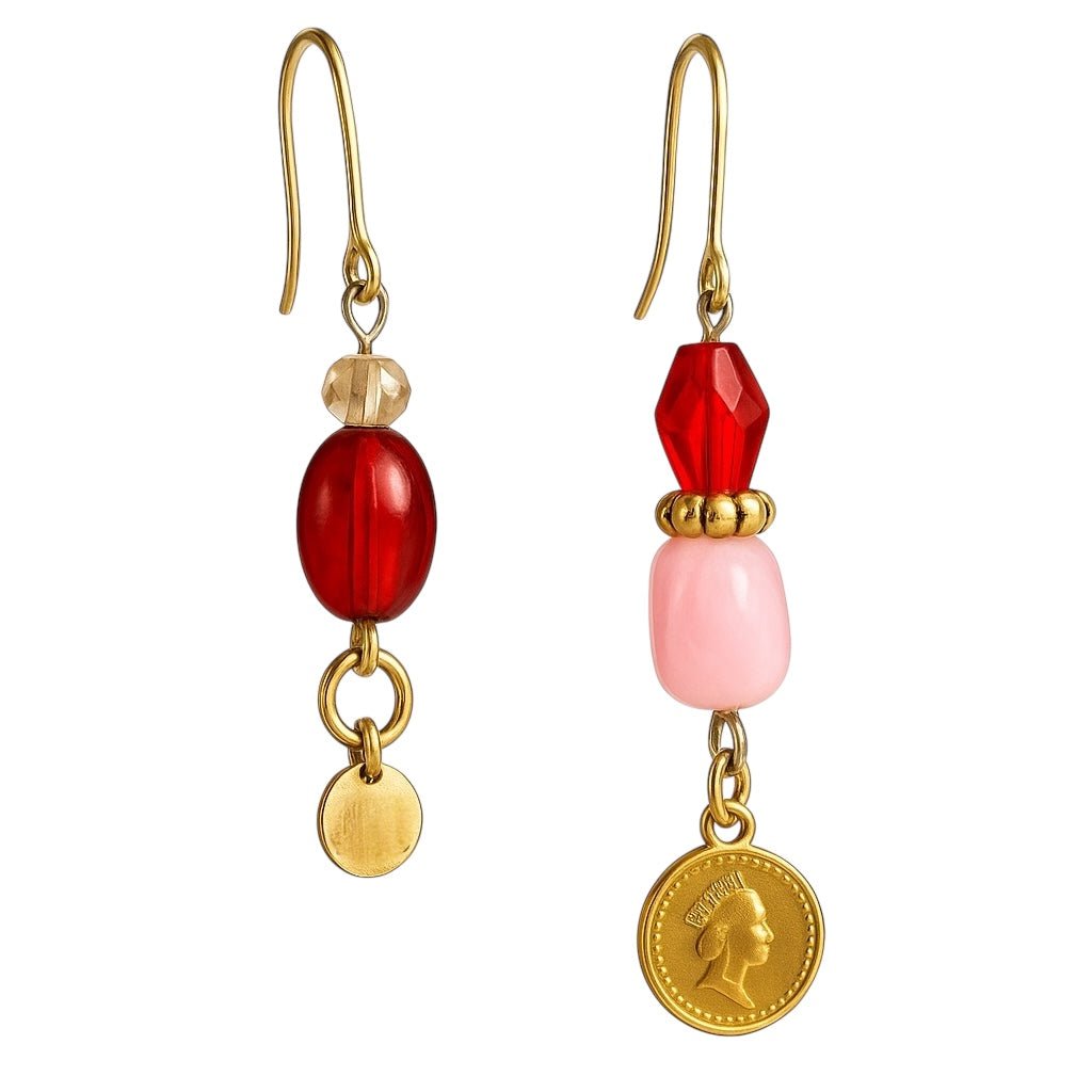 Beaded Pink and Ruby Red Drop Earrings - earrings