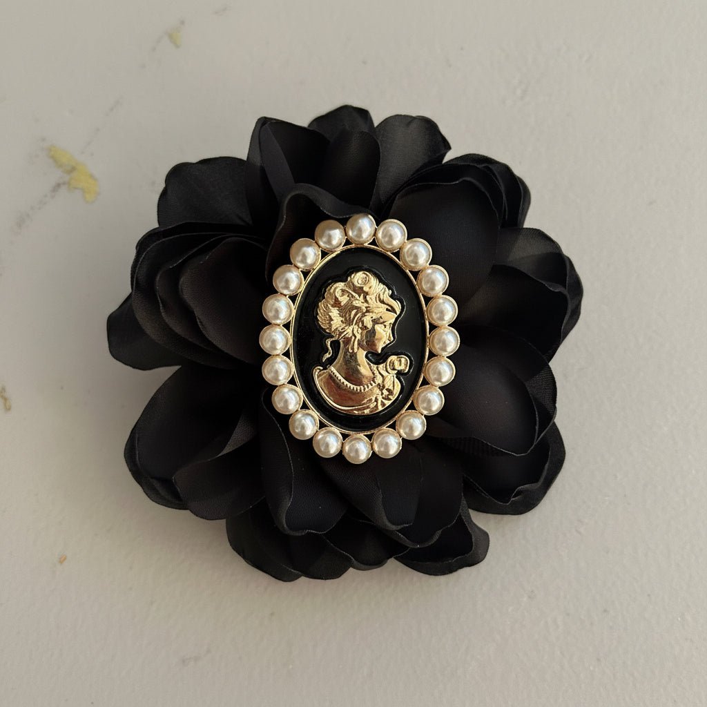 Black Satin Cameo Floral Brooch - Brooch