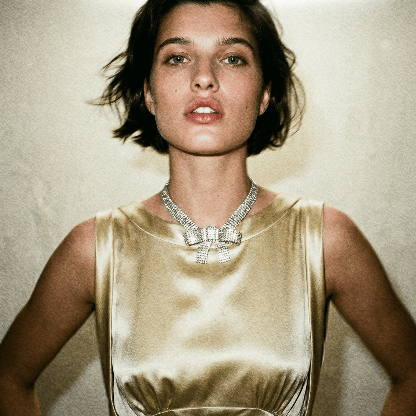 Bow Tie Rhinestones Silver Statement Choker Necklace - Necklace