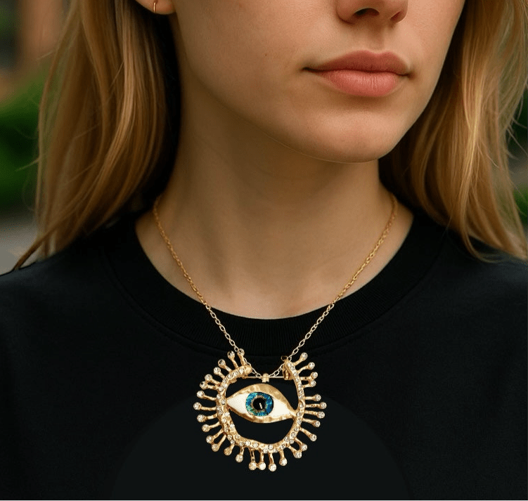 Bright Eyes Evil Eye Gold Statement Brooch Necklace - Brooch