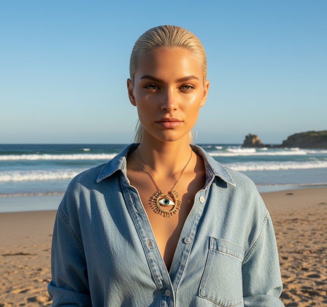 Bright Eyes Evil Eye Gold Statement Brooch Necklace - Brooch