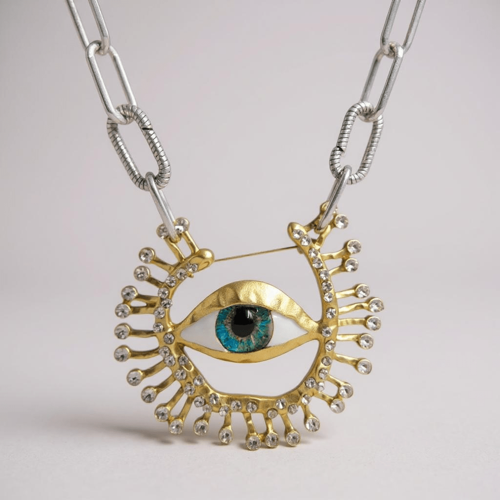 Bright Eyes Evil Eye Sterling Silver Statement Brooch Necklace - Brooch