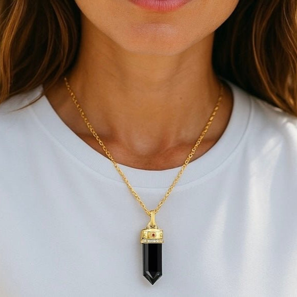 Cosmic Black Onyx and Gold Talisman Tarot Necklace - Necklace