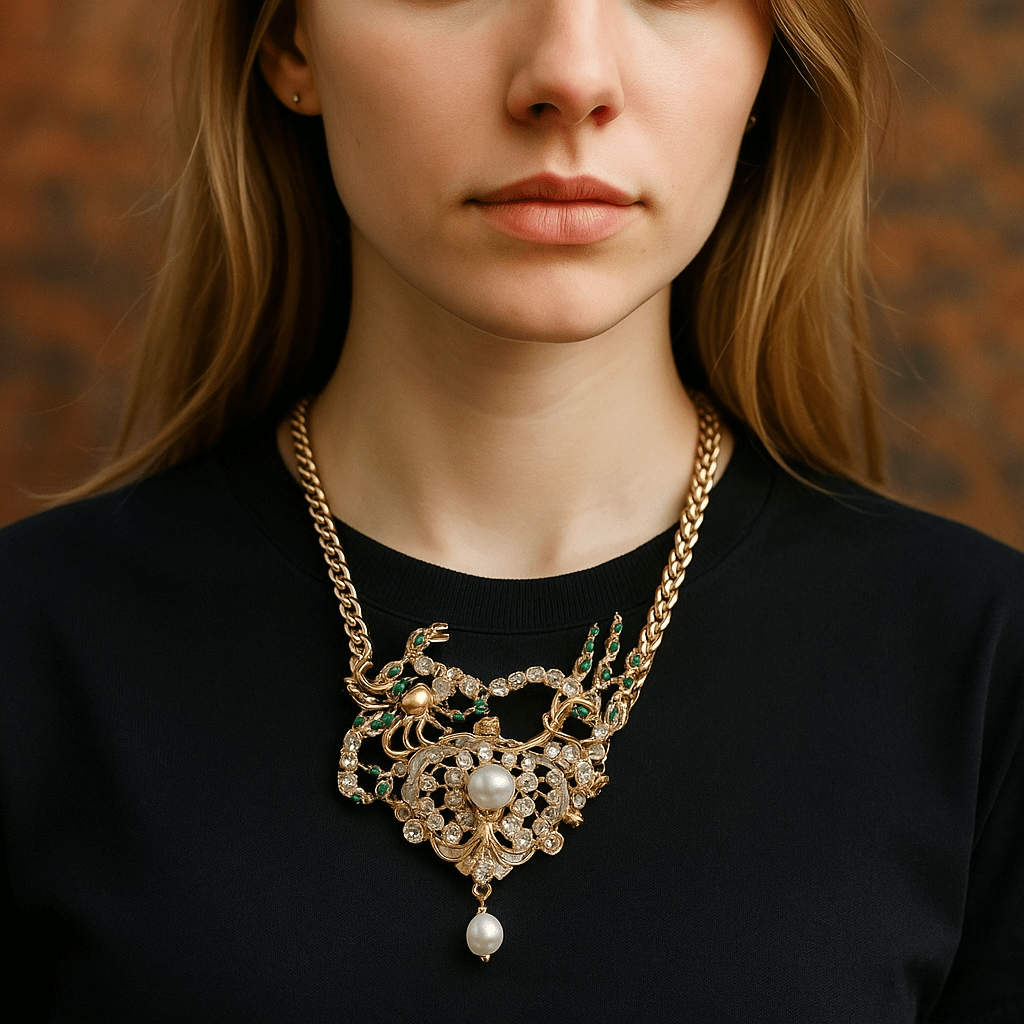 Emerald Green Heart Bespoke Statement Gold Necklace and Brooch -