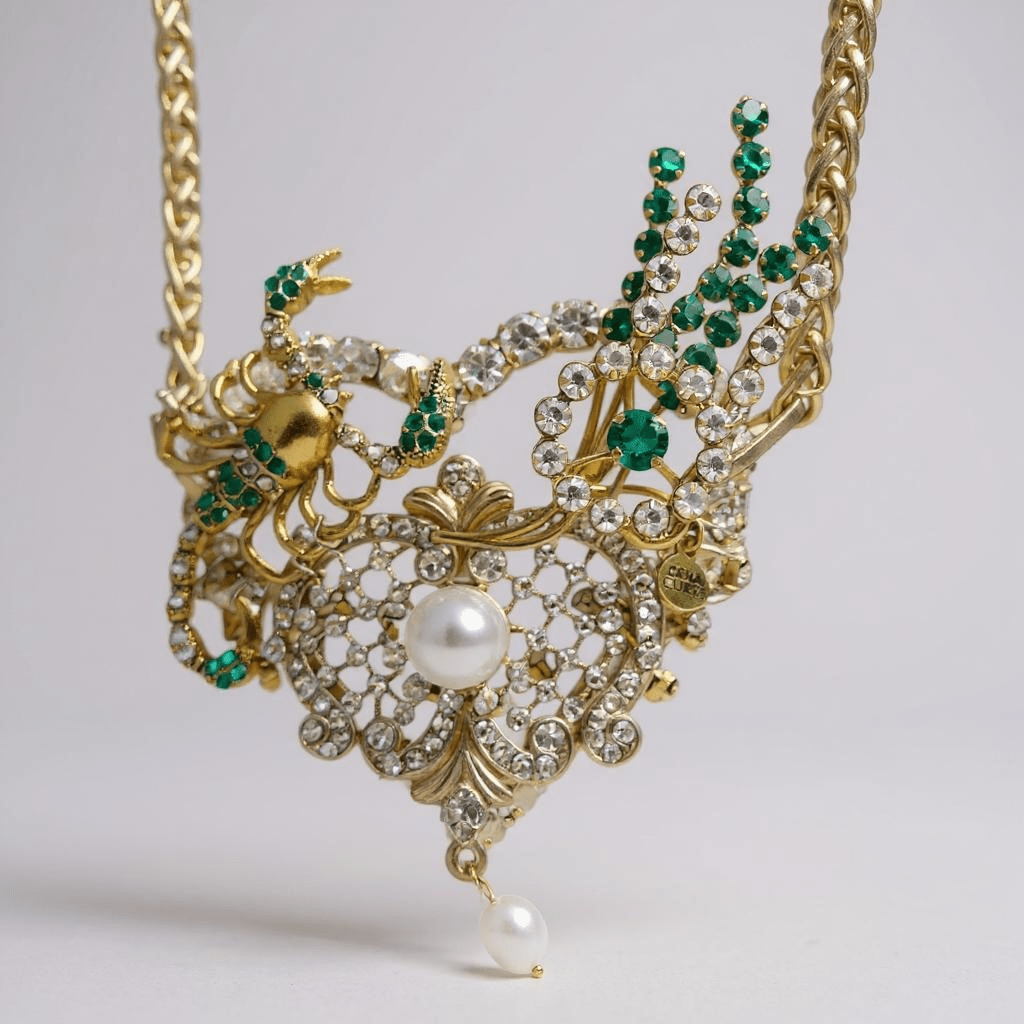Emerald Green Heart Bespoke Statement Gold Necklace and Brooch -