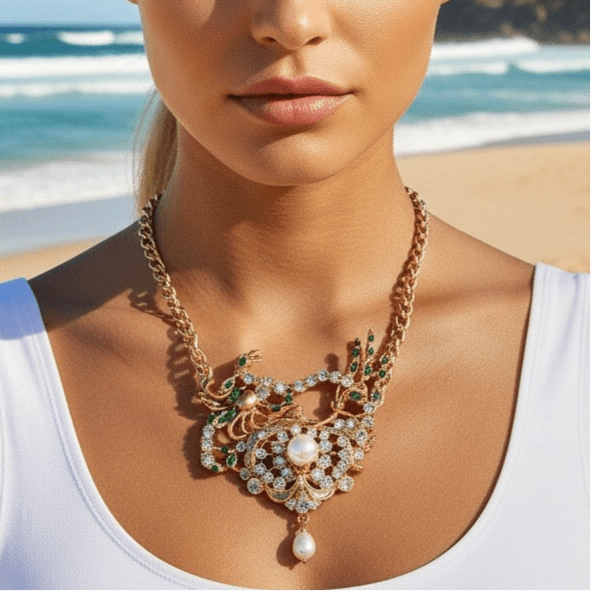 Emerald Green Heart Bespoke Statement Gold Necklace and Brooch -