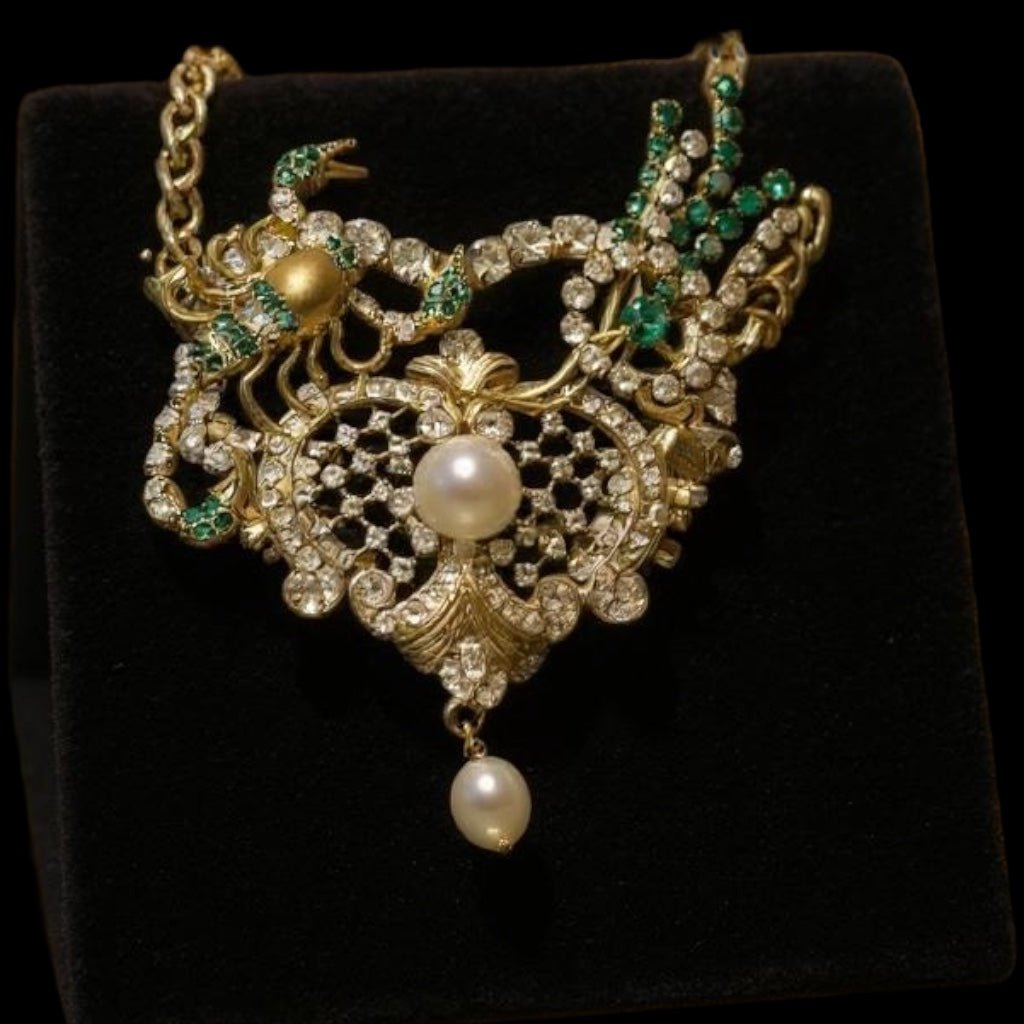 Emerald Green Heart Bespoke Statement Gold Necklace and Brooch -