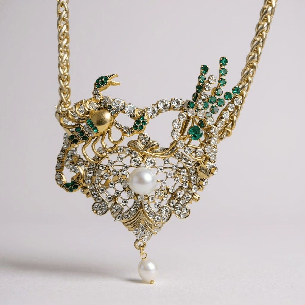 Emerald Green Heart Bespoke Statement Gold Necklace and Brooch -
