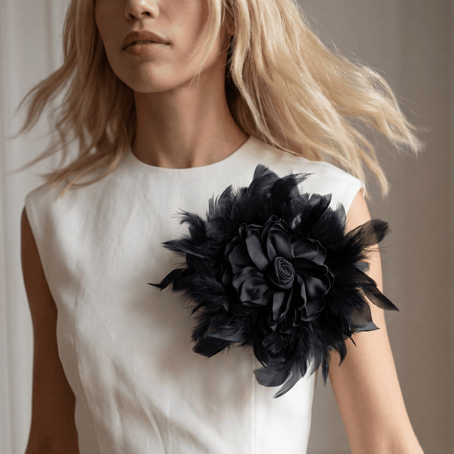 Feathers Black Statement Rose Brooch - Brooch