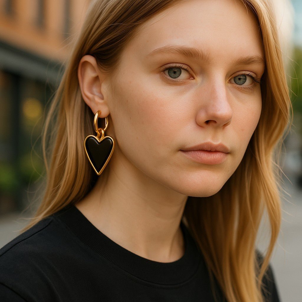 Heart of Glass Black and Gold Heart Earrings - earrings