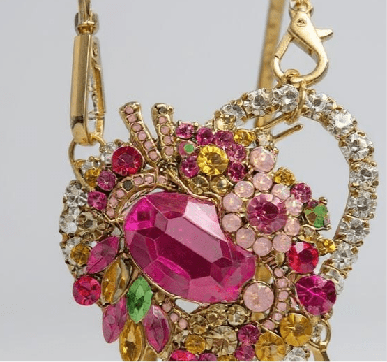 Hot Pink Heart Bespoke Statement Gold Necklace and Brooch -