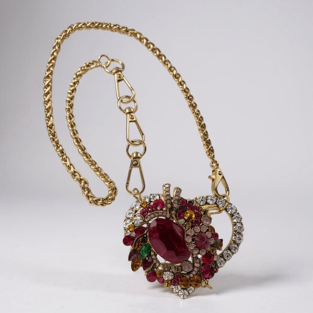 Hot Pink Heart Bespoke Statement Gold Necklace and Brooch -
