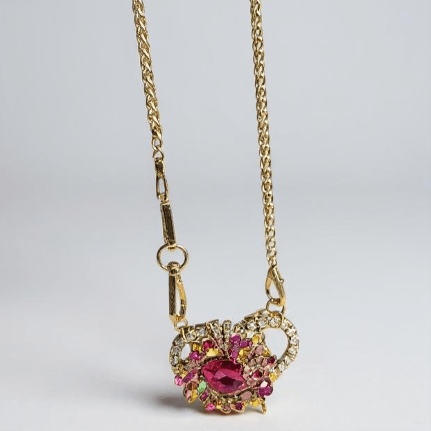 Hot Pink Heart Bespoke Statement Gold Necklace and Brooch -