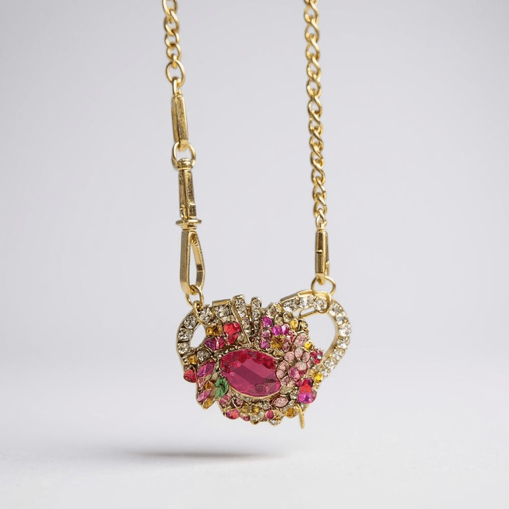 Hot Pink Heart Bespoke Statement Gold Necklace and Brooch -