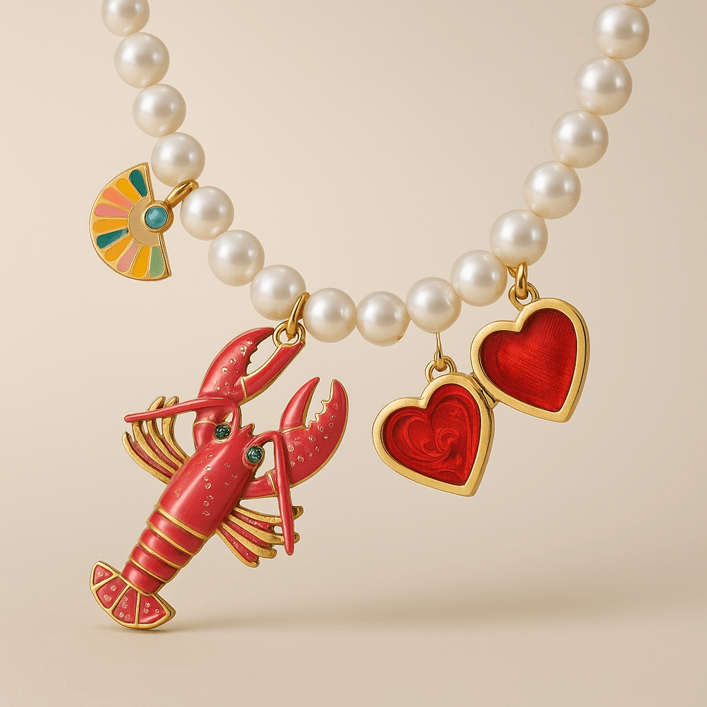 Pearl Gold Heart and Lobster Vintage Statement Charm Necklace - Necklace