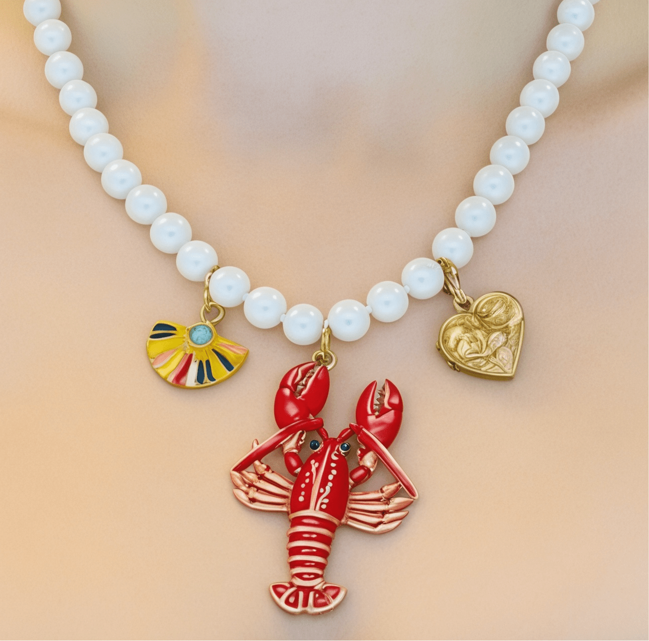 Pearl Gold Heart and Lobster Vintage Statement Charm Necklace - Necklace