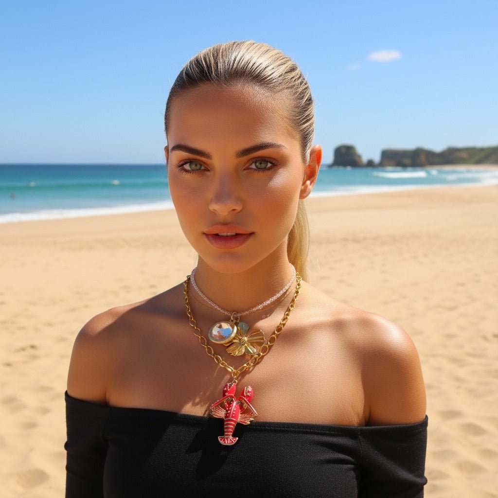 Rock Lobster Pink Enamel Gold Necklace -