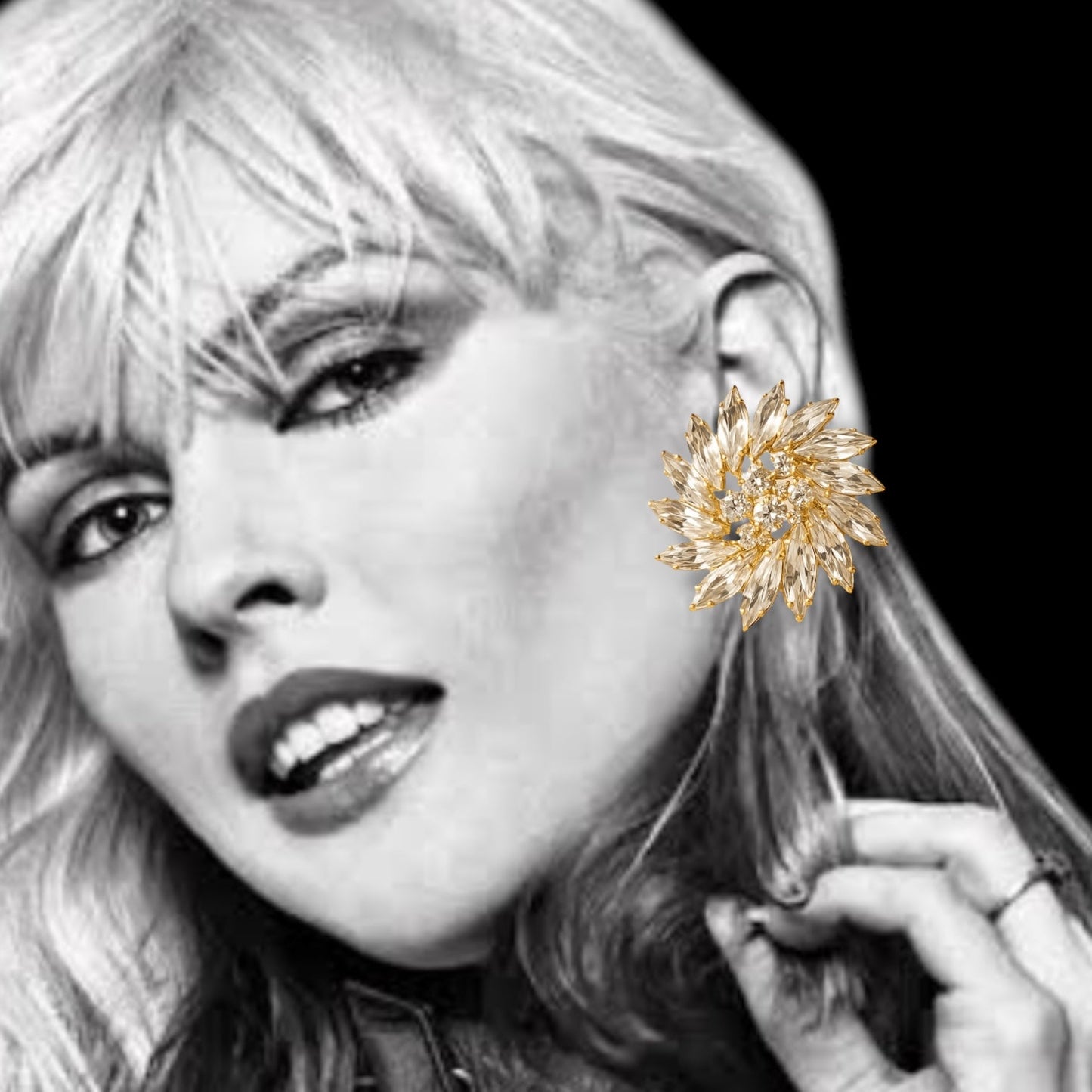 Show Stopper Rhinestone and Gold Clip On Earrings - earrings