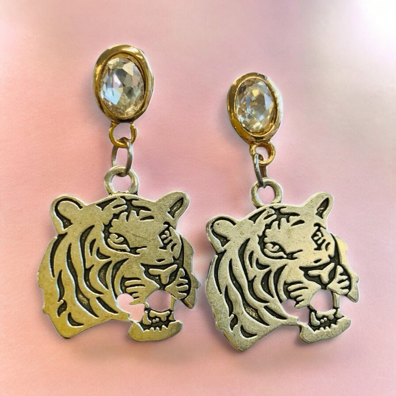 Tiger Head and Crystal Silver Stud Drop Earrings-