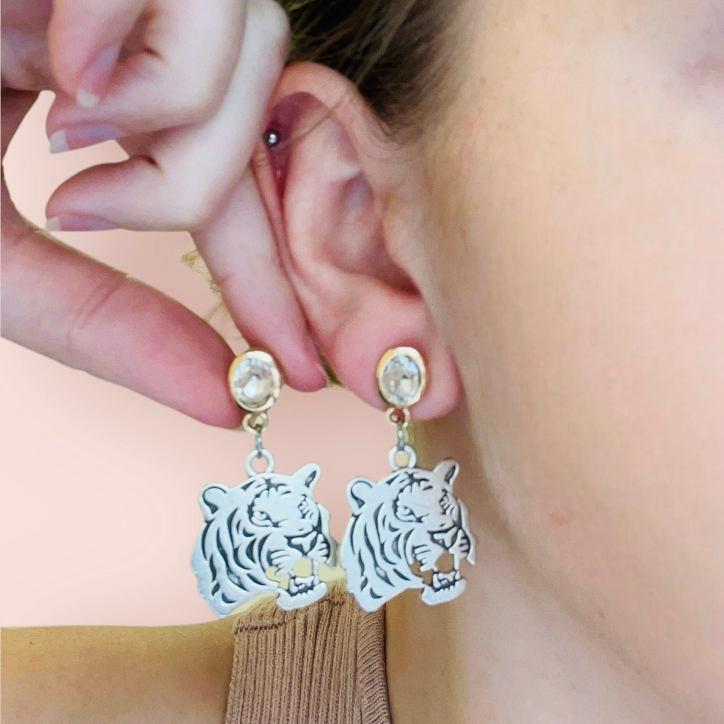 Tiger Head and Crystal Silver Stud Drop Earrings-
