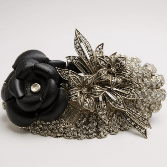 Vintage Bespoke Black Rose and Marcasite Brooch - Brooch