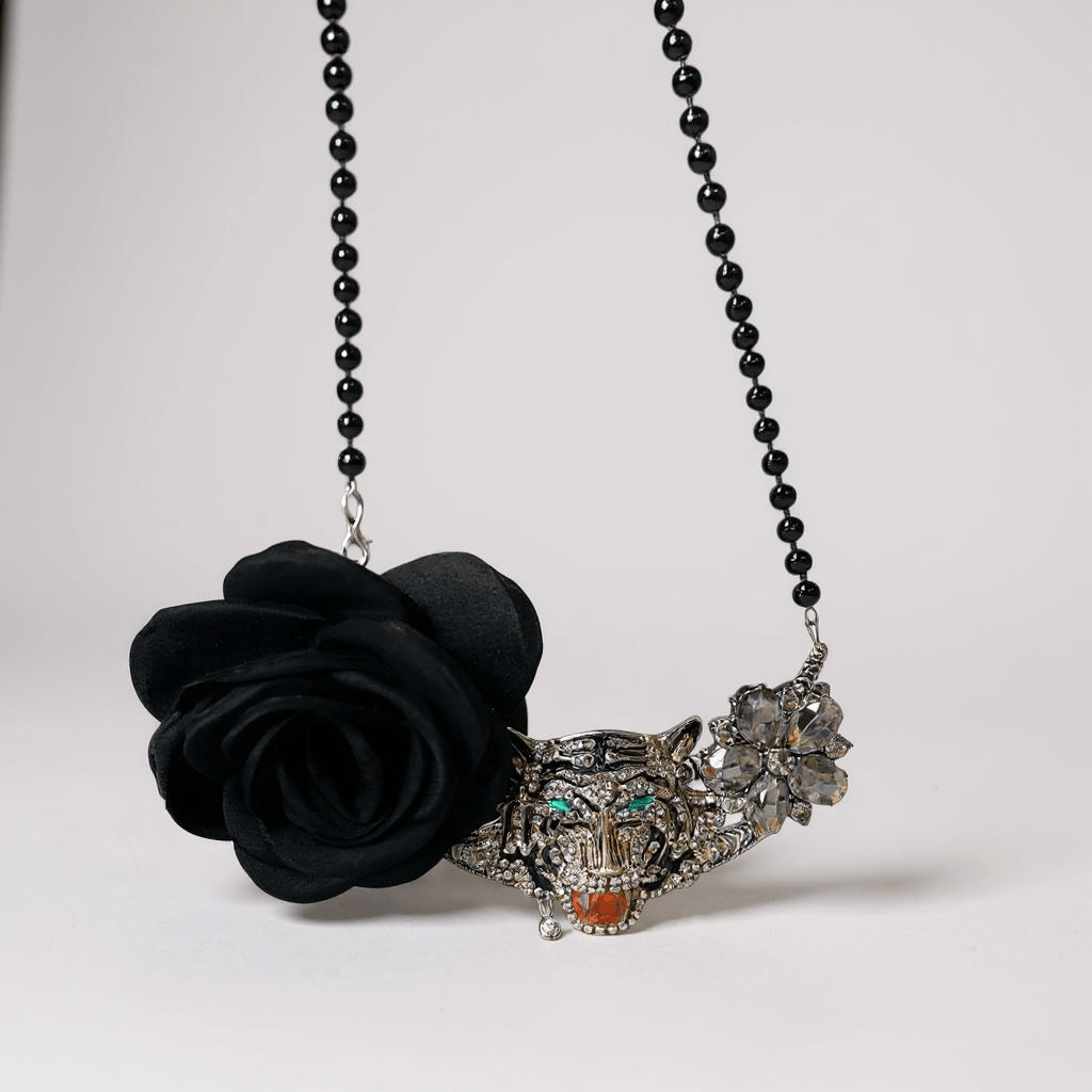 Vintage Bespoke Black Rose and Tiger Statement Necklace - Necklace