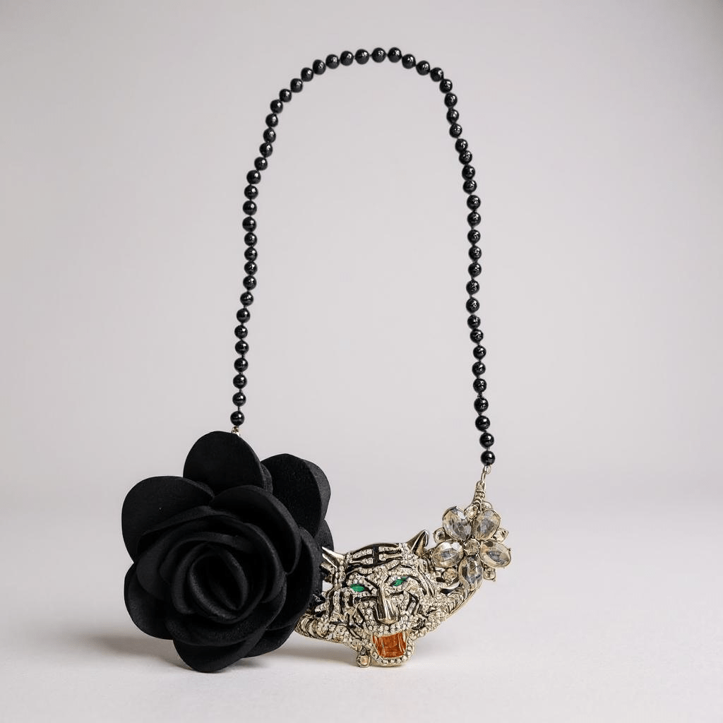 Vintage Bespoke Black Rose and Tiger Statement Necklace - Necklace