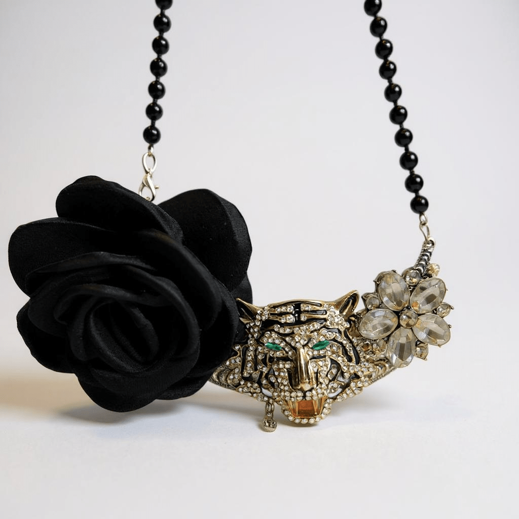 Vintage Bespoke Black Rose and Tiger Statement Necklace - Necklace