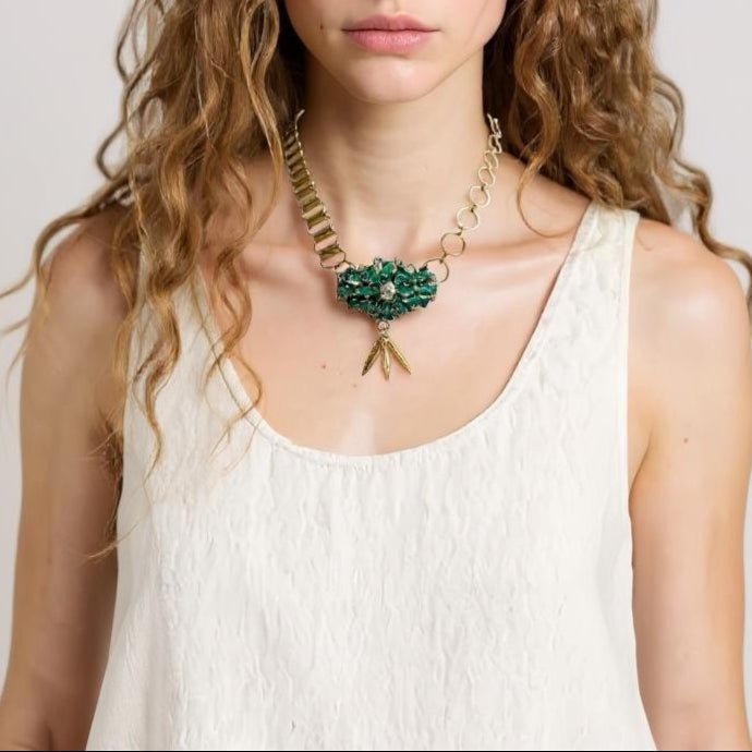 Vintage Bespoke Gold Emerald Leaf Necklace - Necklace