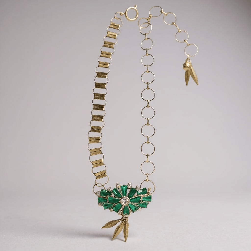 Vintage Bespoke Gold Emerald Leaf Necklace - Necklace