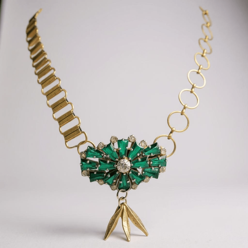Vintage Bespoke Gold Emerald Leaf Necklace - Necklace