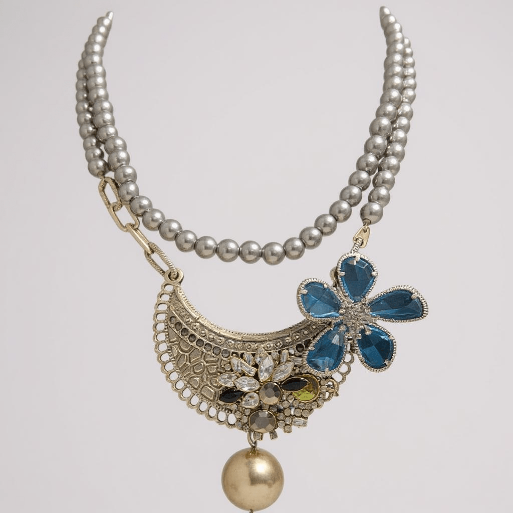 Vintage Bespoke Gunmetal Grey Pearl and Silver Statement Necklace - Necklace