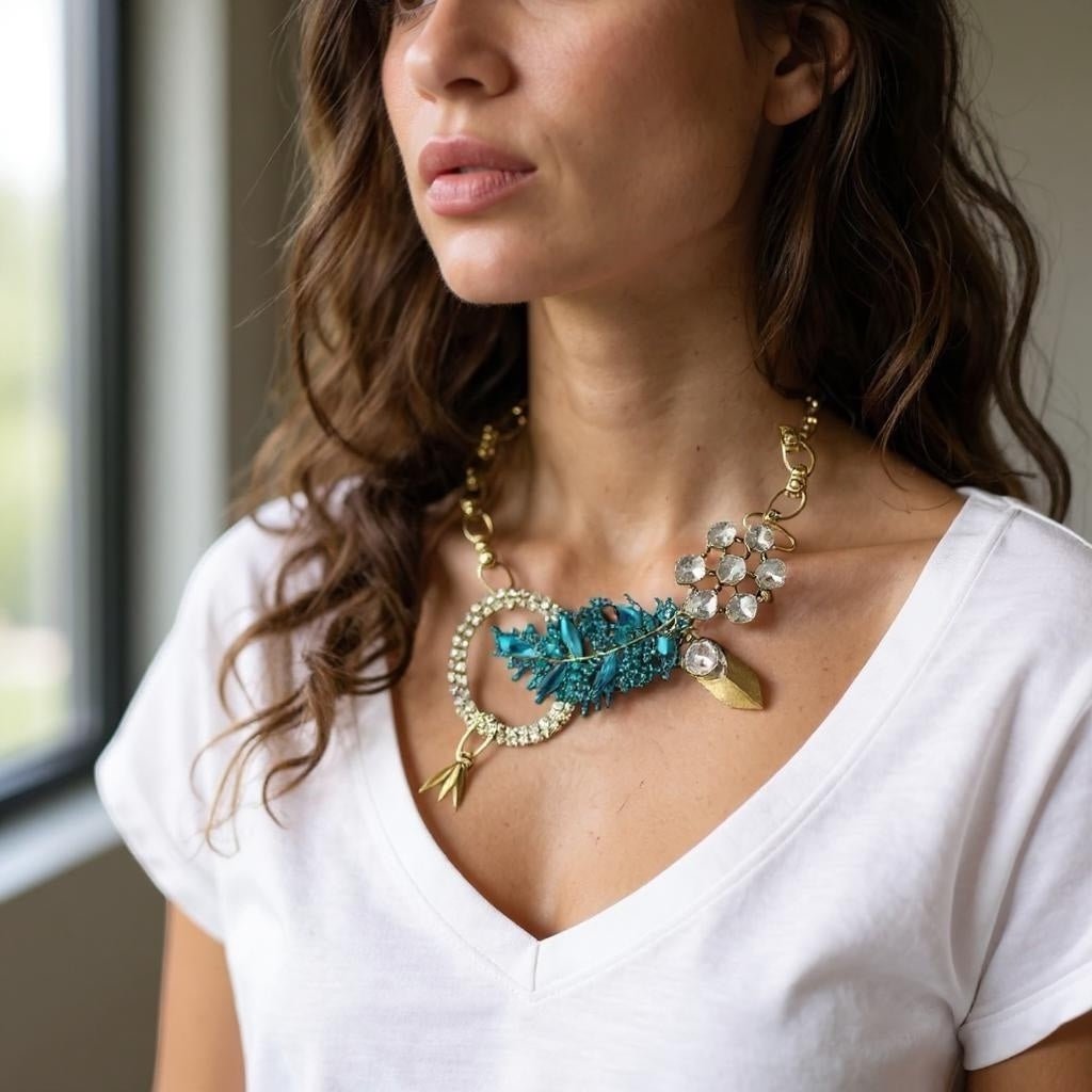 Vintage Bespoke Lagoon Leaf Statement Necklace -