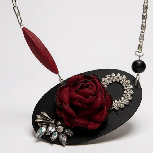 Vintage Bespoke Leather Black and Ruby Statement Necklace -