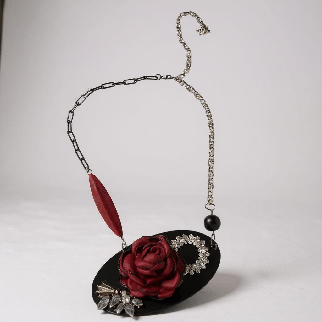 Vintage Bespoke Leather Black and Ruby Statement Necklace -