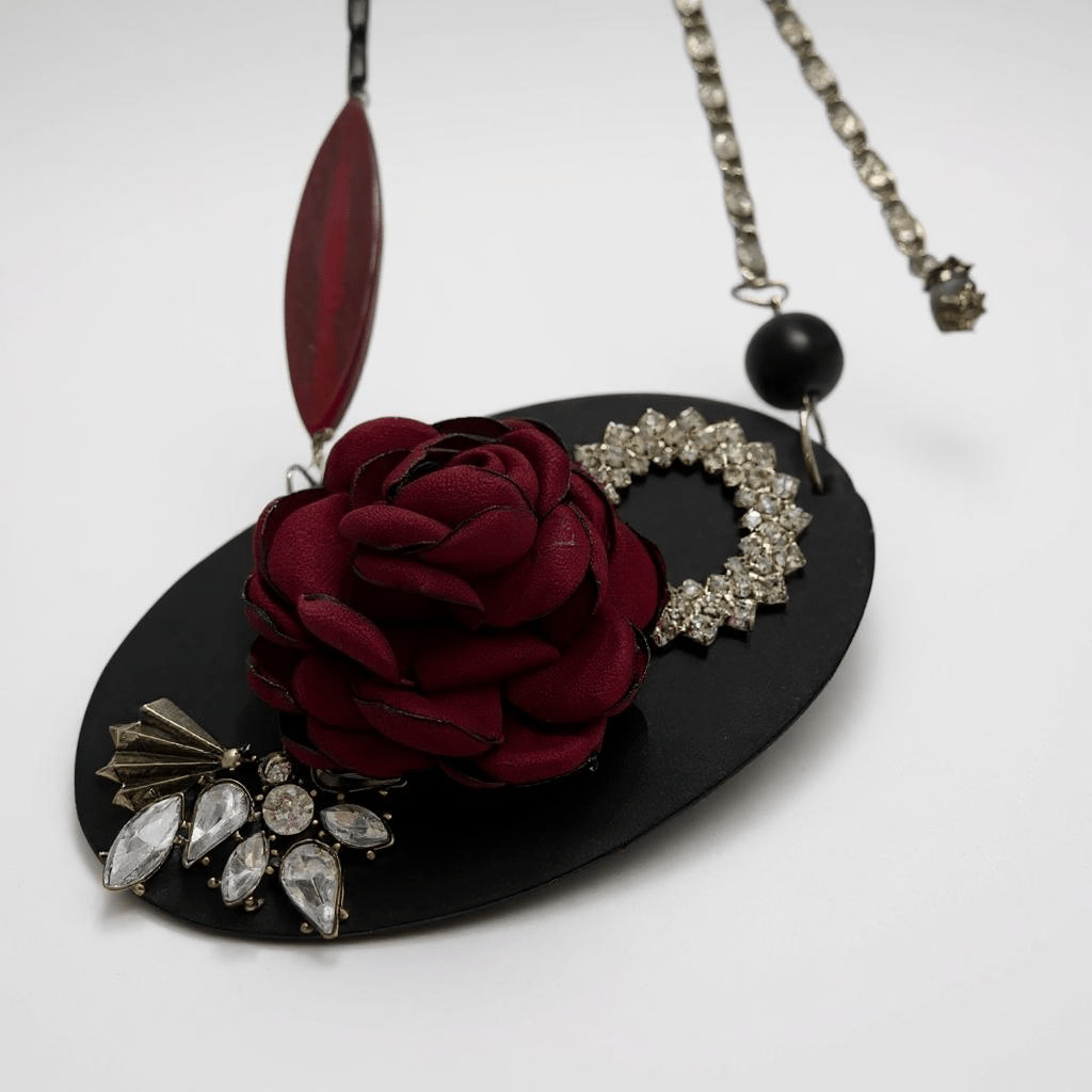 Vintage Bespoke Leather Black and Ruby Statement Necklace -