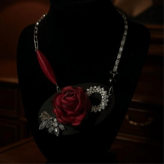 Vintage Bespoke Leather Black and Ruby Statement Necklace -