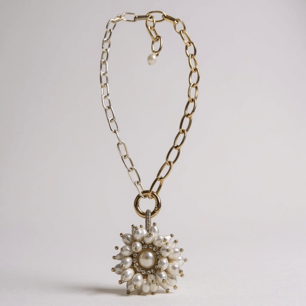 Vintage Bespoke Sterling Silver and Gold Show Pearl Flower Necklace - Necklace