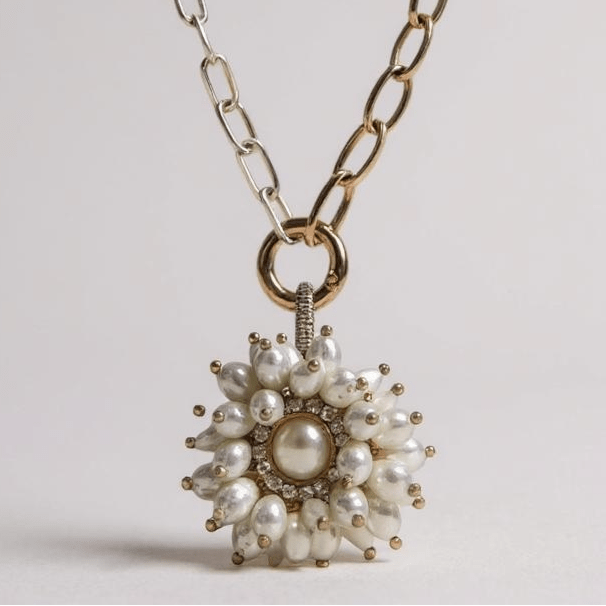 Vintage Bespoke Sterling Silver and Gold Show Pearl Flower Necklace - Necklace
